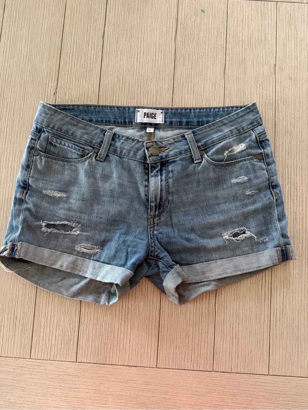 PAIGE Light Blue Distressed Denim Cuffed Shorts